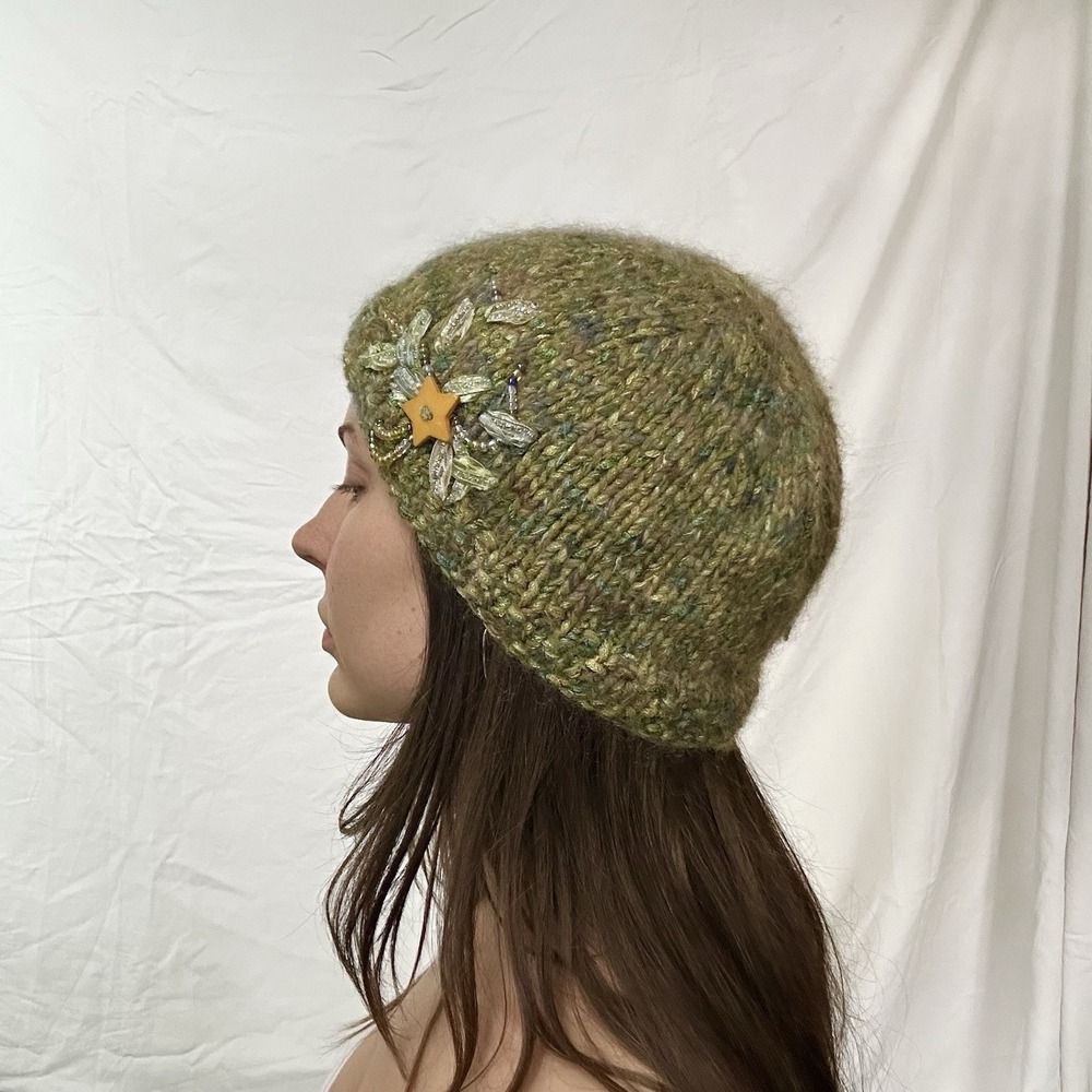 Hand Knit Green Angora Wool Hat Beaded Star Y2K Whimsy Fairy
